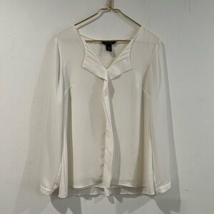 White House Black Market Ivory Satin V-Neck Long Sleeve Blouse